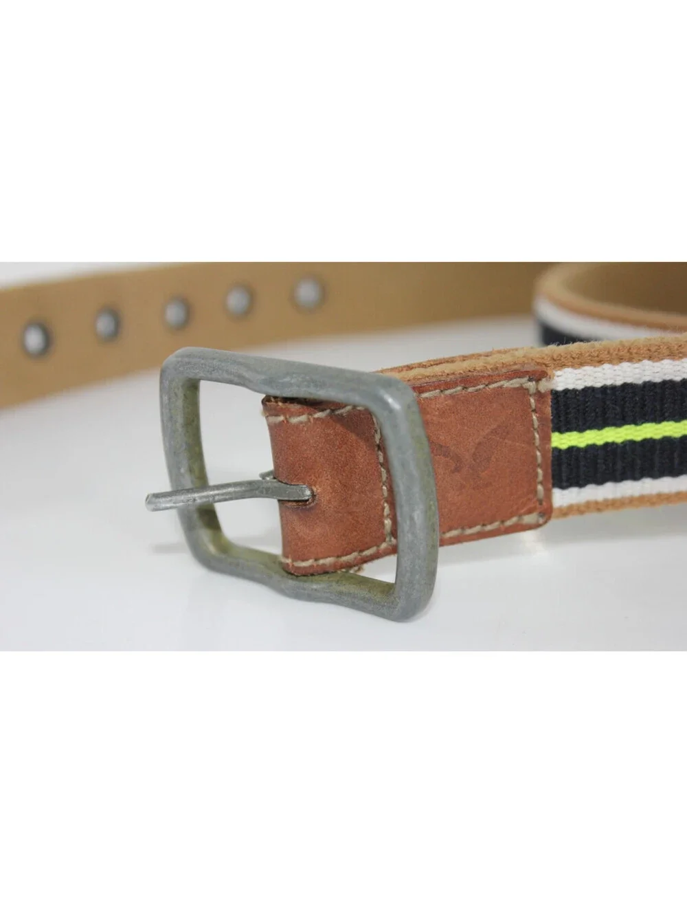 Y2K American Eagle Men Reversible Canvas Belt 40 Tan Navy Neon Green Stripe Web